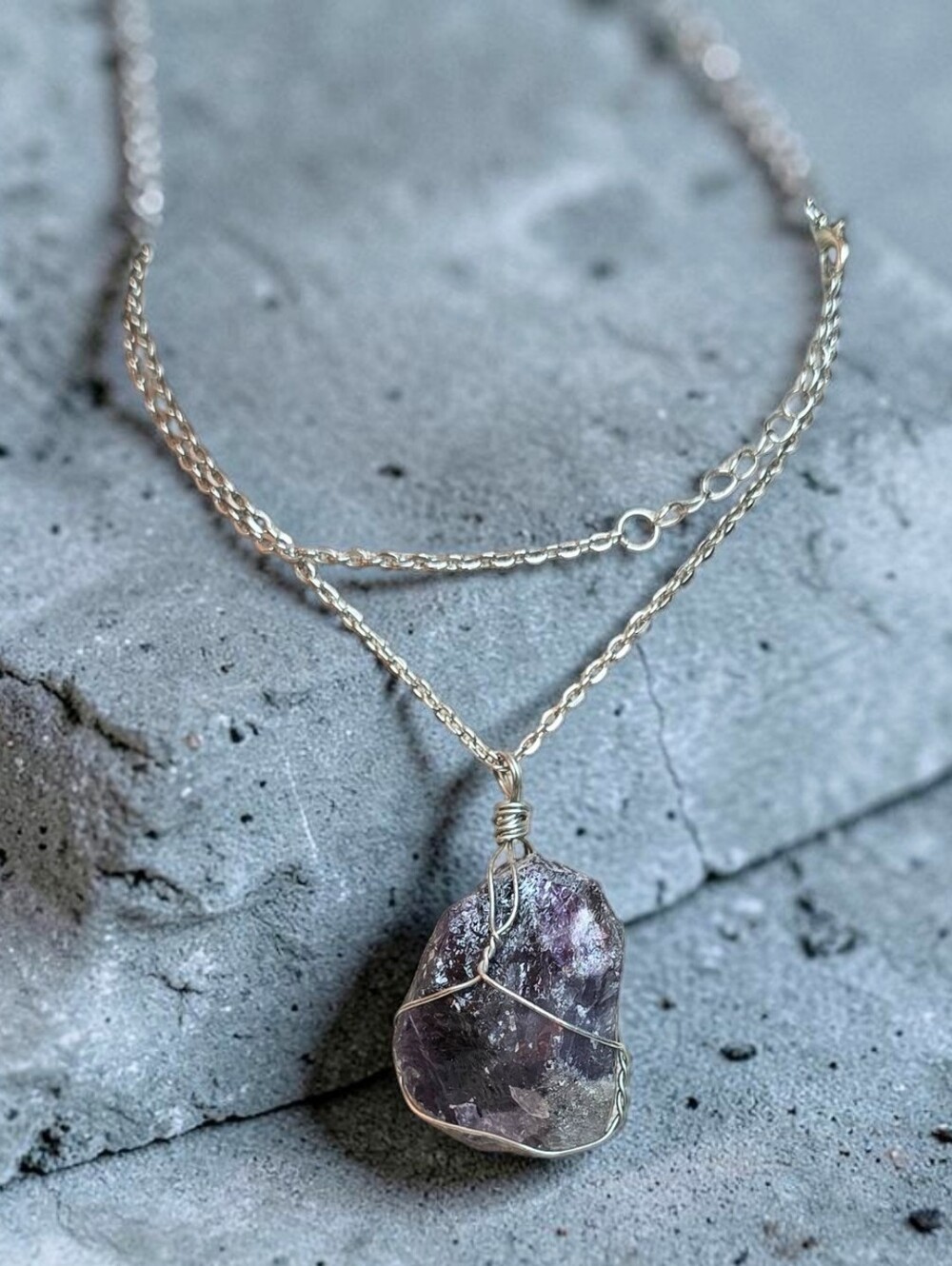 Silver Wire-Wrapped Raw Amethyst Pendant Necklace